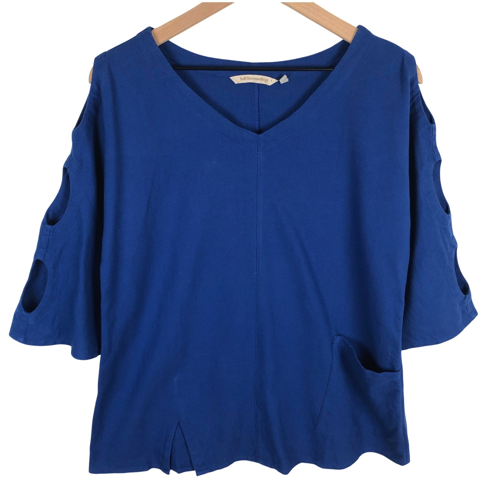 Soft Surroundings Textured 100% Cotton V-Neck Top Sz S Blue Cut Out 3/4 Sleeve
